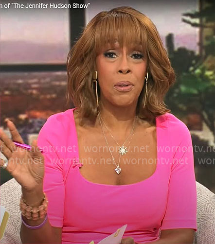 Gayle King’s pink square-neck dress on CBS Mornings