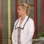 Gemma’s white cardigan with contrasting trims on The Neighborhood
