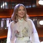Geri’s floral print blouse and skirt on The Kelly Clarkson Show