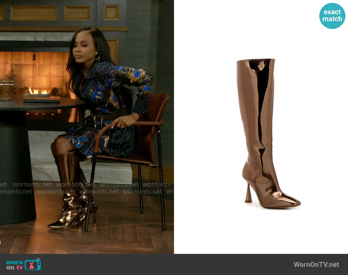 Gianni Bini Indy Mirror Metallic Stiletto Tall Boots worn by Hayley Lawson (Marquita Goings) on Beyond the Gates