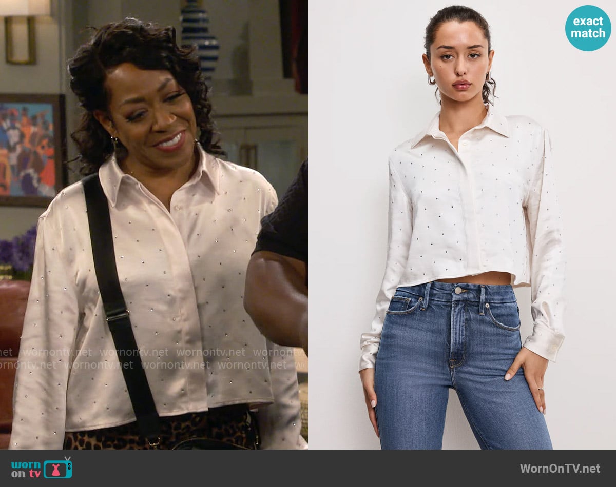 Good American Crystal Satin Shirt worn by Tina Butler (Tichina Arnold) on The Neighborhood
