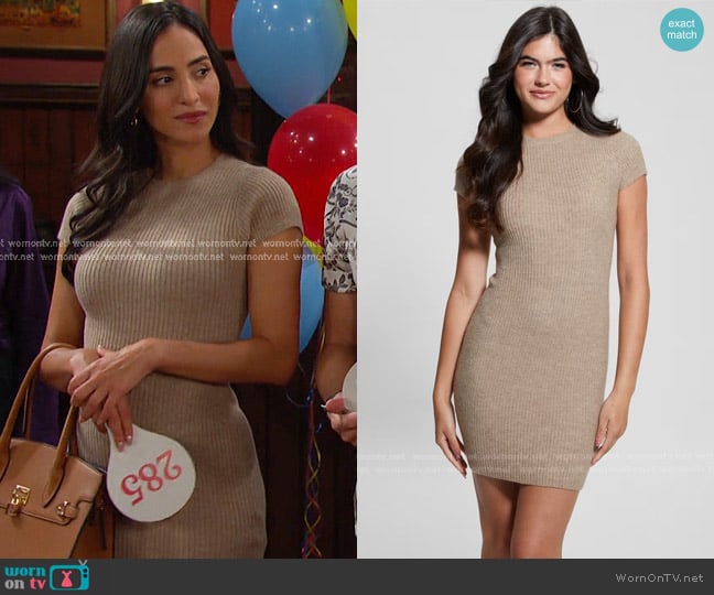 Guess Toki Rib-Knit Sweater Dress in Beige worn by Gabi Hernandez (Cherie Jimenez) on Days of our Lives