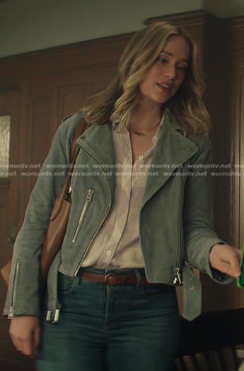 Beck’s lilac plaid shirt and suede moto jacket on You