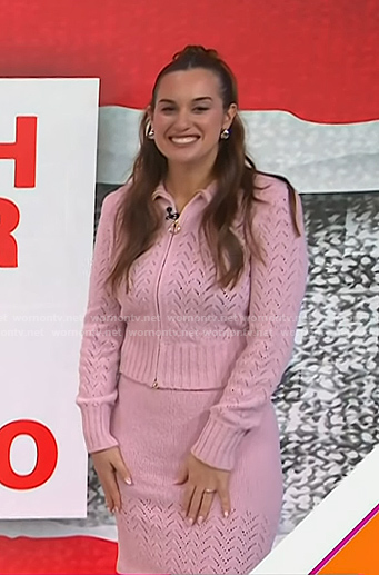 Hannah Berner’s pink pointelle zip sweater and skirt on Today