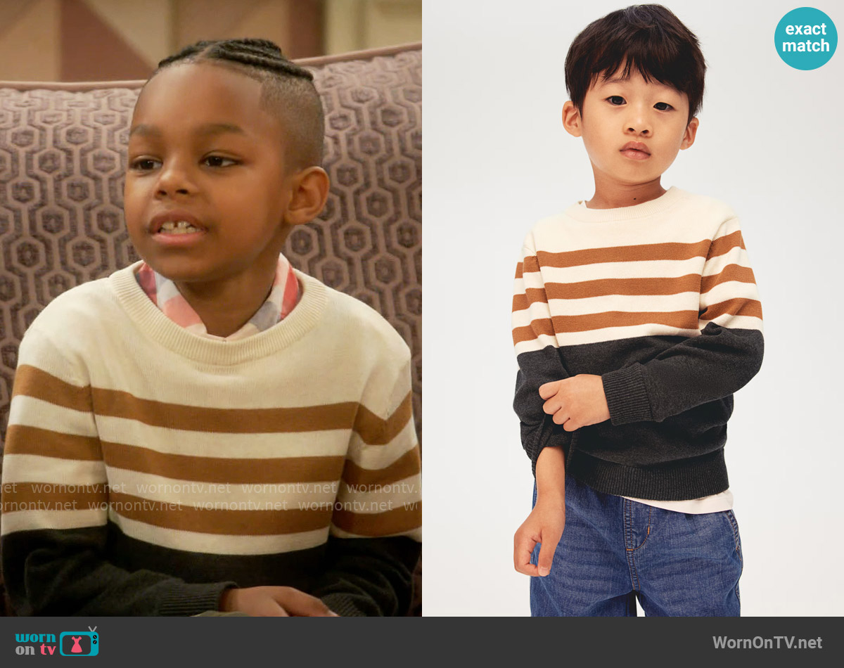 H&M Cotton Sweater - Dark gray/striped worn by Trey (Caleb R. Johnson) on Poppas House