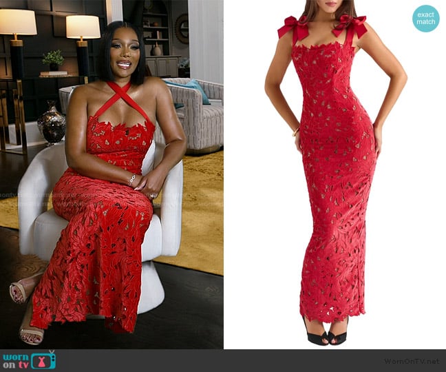 House of CB Tiff Velvet Lace Maxi Dress worn by Angela Oakley on The Real Housewives of Atlanta