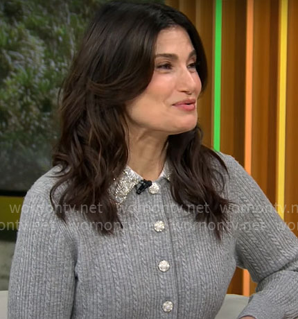 Idina Menzel’s grey cardigan on CBS Mornings