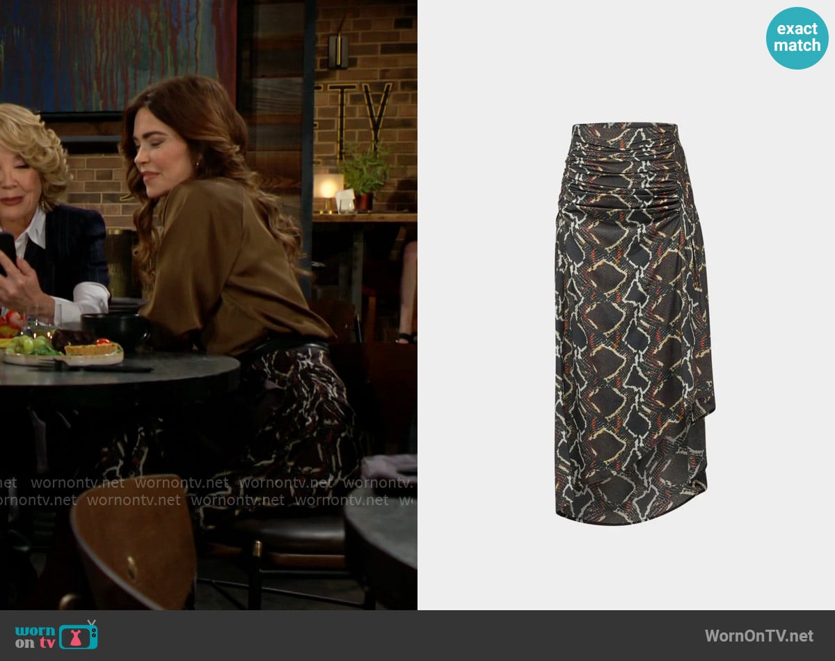 IRO Alessandra Ruched Midi Skirt worn by Victoria Newman (Amelia Heinle) on The Young and the Restless