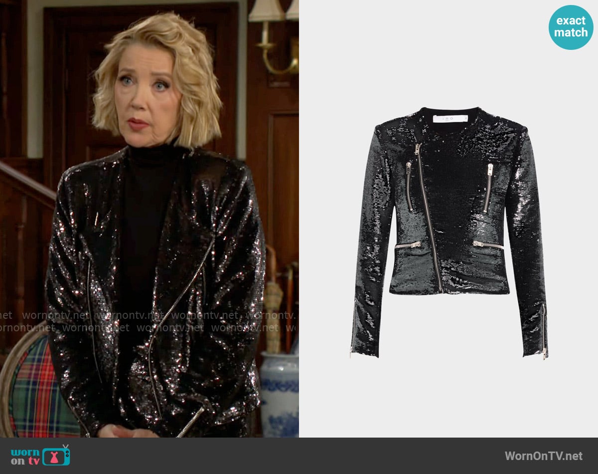IRO Luzia Sequined Moto Jacket in Dark Gray worn by Nikki Reed Newman (Melody Thomas-Scott) on The Young and the Restless