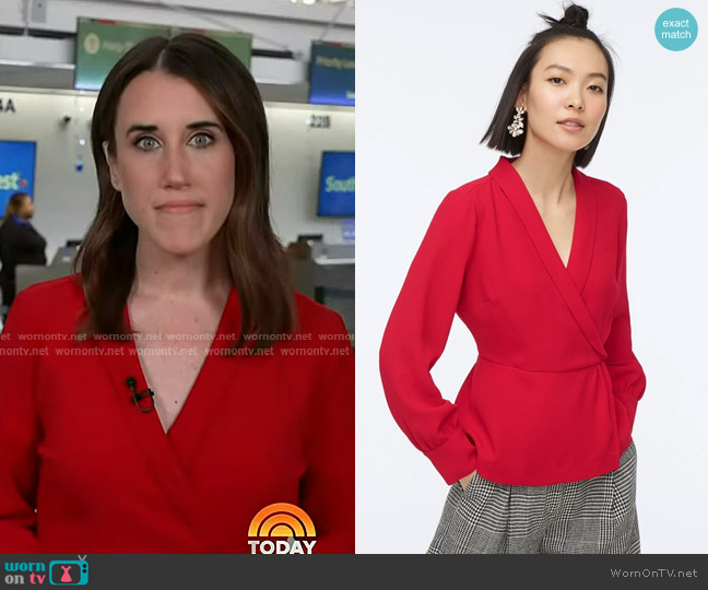 J. Crew Drapey Faux-wrap Top in 365 crepe Festive Red worn by Maggie Vespa on Today