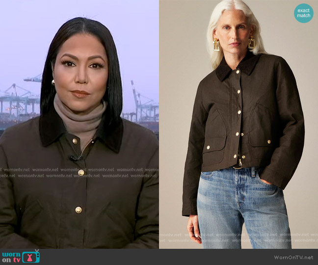 J. Crew Short Barn Jacke in English Ripstop Cotton Mossy Brown worn by Stephanie Ramos on Good Morning America
