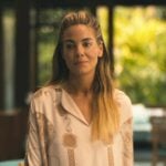 Jaclyn’s beige printed long dress on The White Lotus
