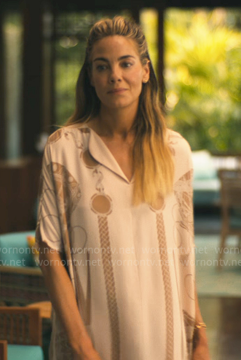 Jaclyn’s beige printed long dress on The White Lotus