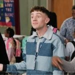 Jacob’s denim stripe rugby shirt on Abbott Elementary