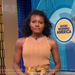 Janai’s brown tank and printed belted skirt on Good Morning America