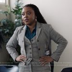 Janine’s gray herringbone cropped blazer and pants on Abbott Elementary
