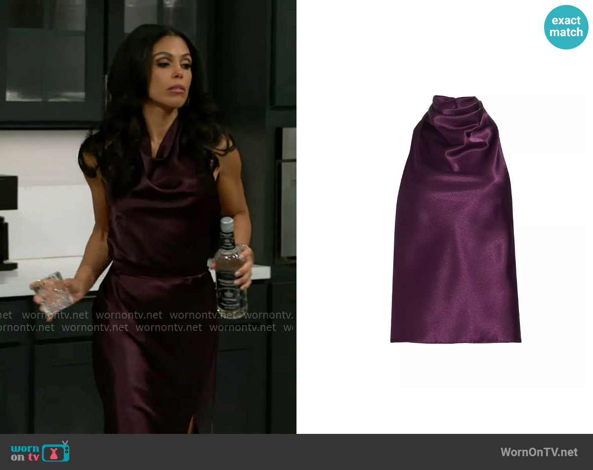 Jason Wu Open-Back Halterneck Top in Plum worn by Dani Dupree (Karla Mosley) on Beyond the Gates