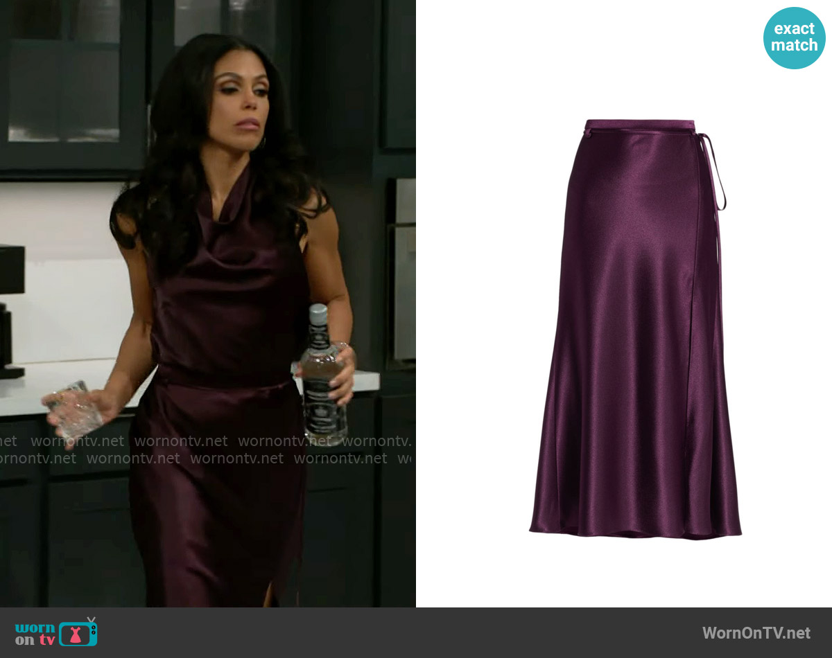 Jason Wu Satin Crepe Slit Midi-Skirt in Plum worn by Dani Dupree (Karla Mosley) on Beyond the Gates