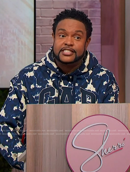Jawn’s blue camo print embroidered hoodie on Sherri