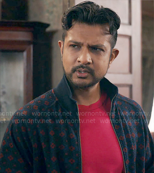 Jay’s blue and red printed jacket on Ghosts