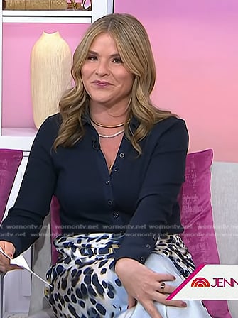 Jenna’s navy button down top and animal print skirt on Today