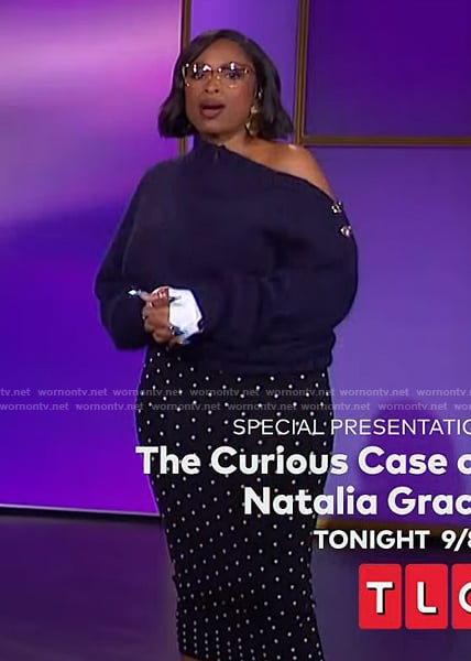 Jennifer’s navy gold button sweater on The Jennifer Hudson Show