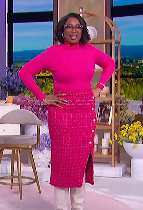Jennifer’s pink tweed skirt and mesh top on The Jennifer Hudson Show