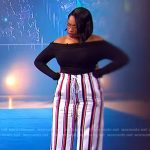 Jennifer’s white striped pants and off shoulder top on The Jennifer Hudson Show