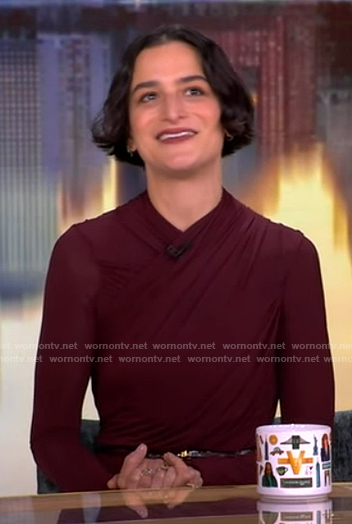 Jenny’s burgundy twist front bodysuit and skirt on The View