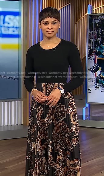 Jericka’s black mixed media print dress on CBS Evening News
