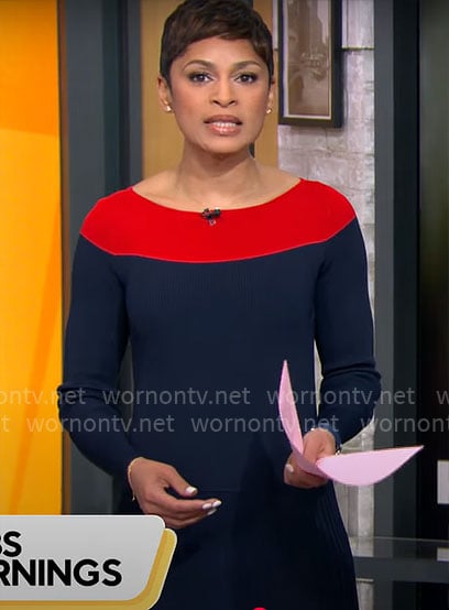 Jericka Duncan’s navy and red colorblock dress on CBS Mornings