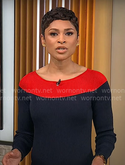 Jericka Duncan’s navy and red colorblock dress on CBS Mornings