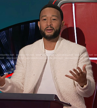 John Legend’s white teddy bomber jacket on The Voice
