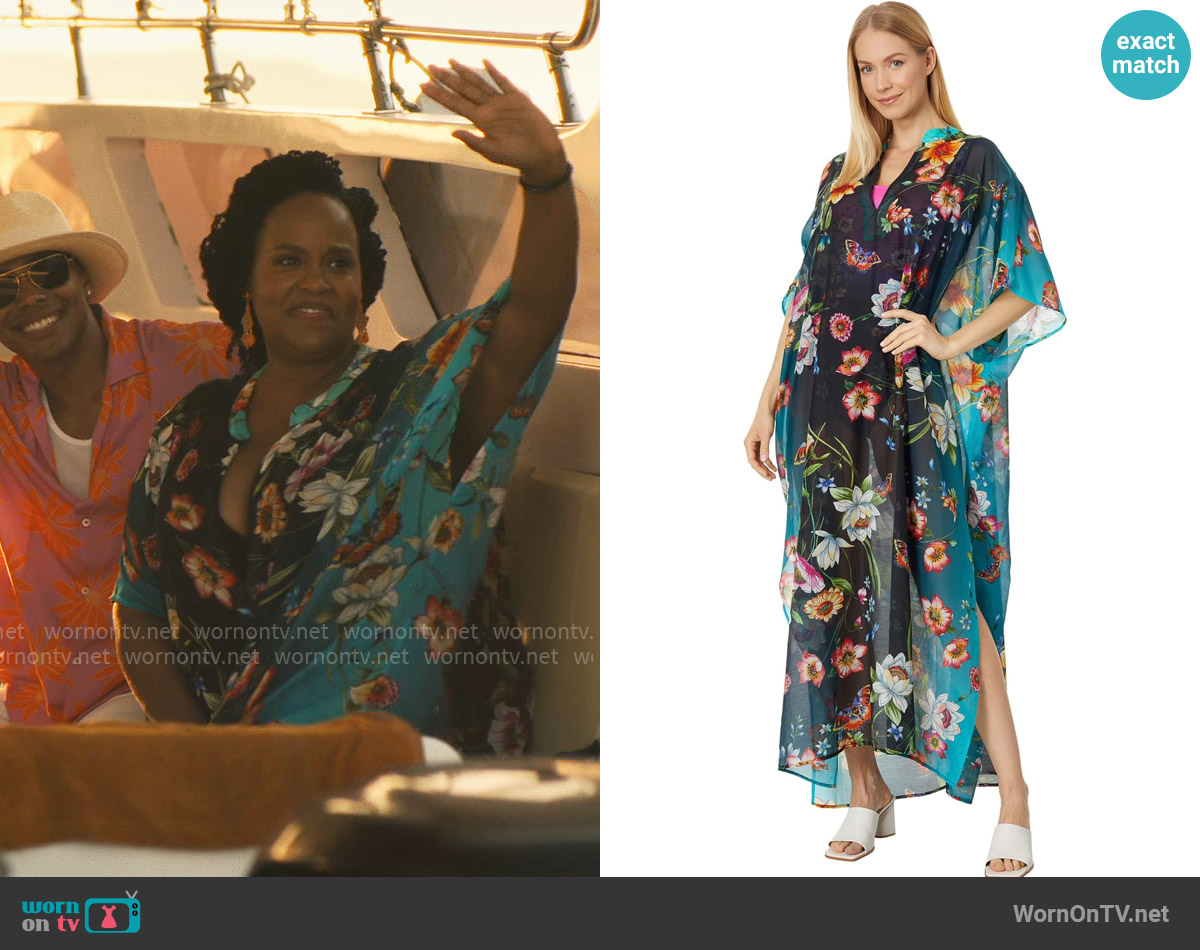 Johnny Was Ombre Garden Black Kaftan Cover-Up worn by Belinda Lindsey (Natasha Rothwell) on The White Lotus