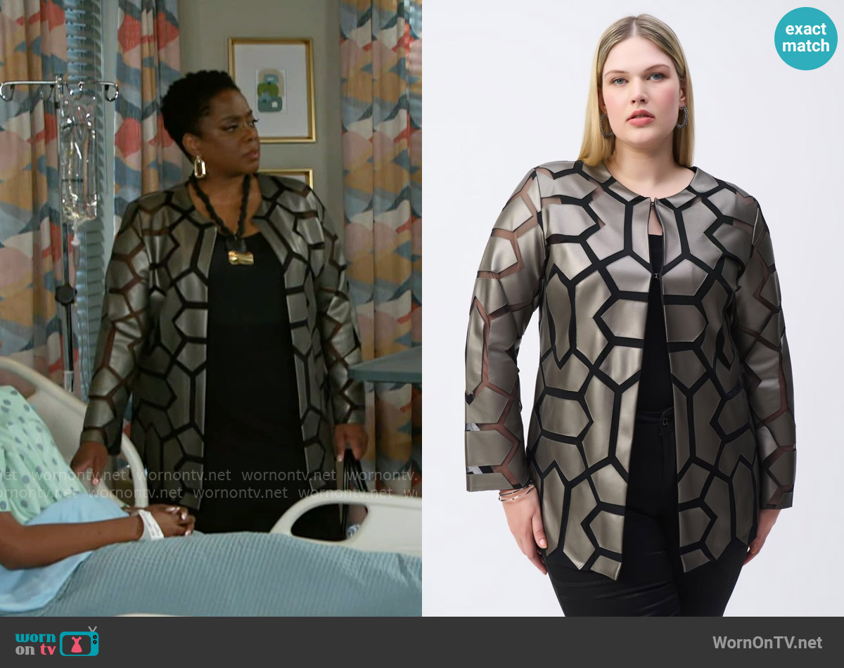 Joseph Ribkoff Geometric Pattern Hip-length Coat in Gunmetal / Black worn by Mona Wilson (Karan Kendrick) on Beyond the Gates