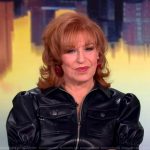 Joy’s black leather jacket and side stripe track pants on The View