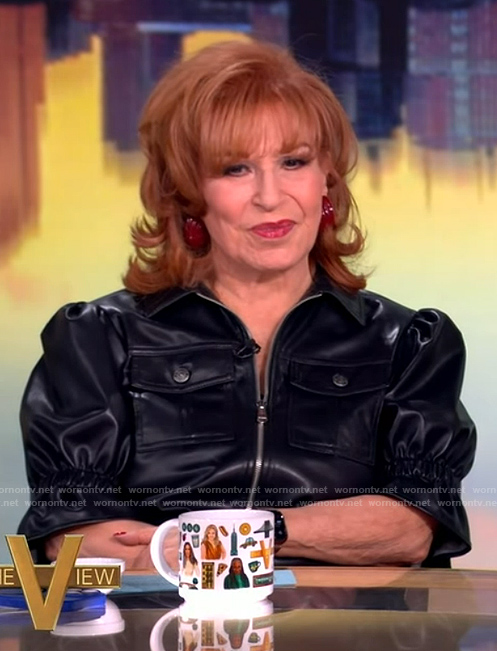 Joy’s black leather jacket and side stripe track pants on The View