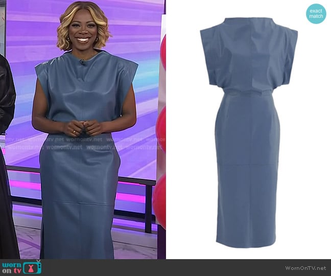 Julia Allert Stylish Sleeveless Faux Leather Dress in Blue Grey worn by Yvonne Orji on Today