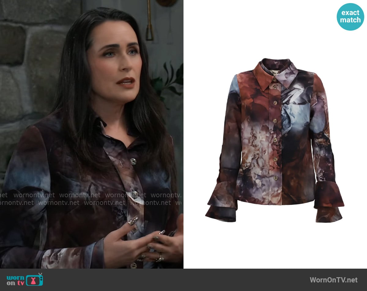 Julia Allert Artistic Design Long-Sleeve Shirt Abstract Print Brown worn by Lois Cerullo (Rena Sofer) on General Hospital