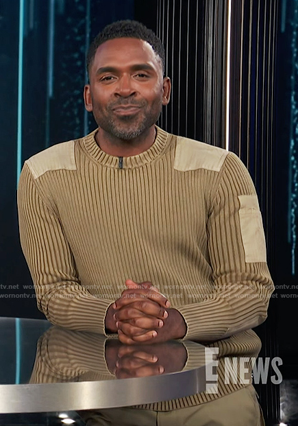 Justin’s khaki ribbed patch sweater on E! News