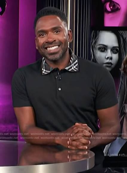 Justin’s black plaid collar polo on E! News