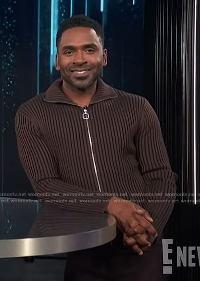 Justin’s brown ribbed cardigan on E! News