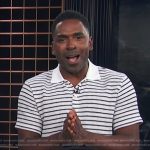 Justin’s white striped knit shirt on E! News