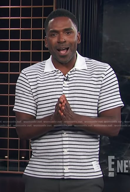 Justin’s white striped knit shirt on E! News