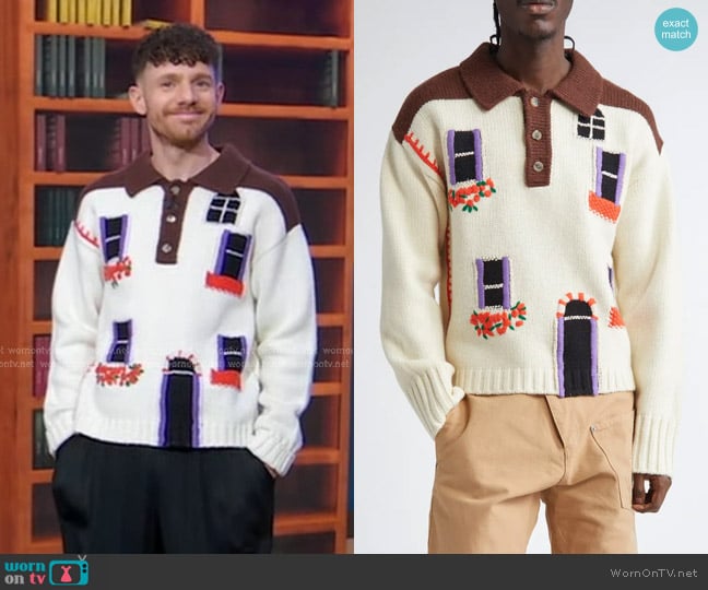 JW Anderson House Intarsia Embroidered Wool Polo Sweater worn by Chris Perfetti on Good Morning America