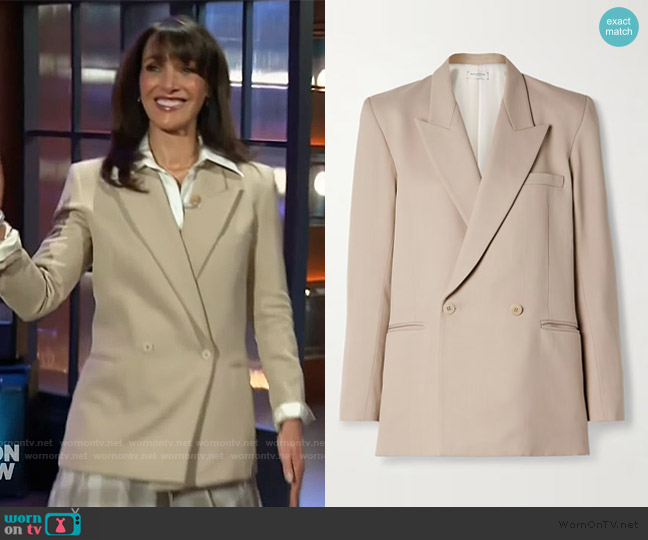 Kallmeyer Emilio double-breasted wool-blend twill blazer worn by Jennifer Beals on The Kelly Clarkson Show
