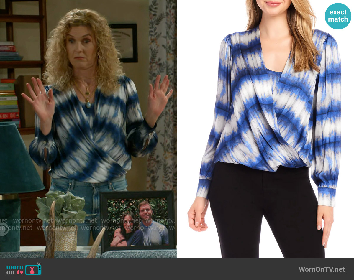 Karen Kane Tie Dye Drape Front Satin Top worn by Jan Morgan (Jerri Tubbs) on Beyond the Gates