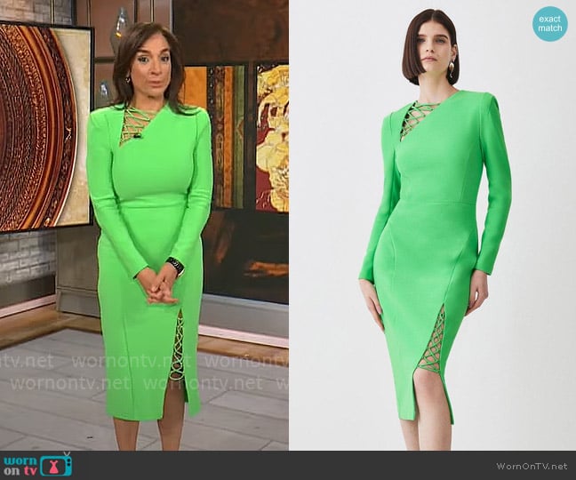 Karen Millen Scuba Crepe Lace Up Detail Woven Midi Dress worn by Michelle Miller on CBS Mornings
