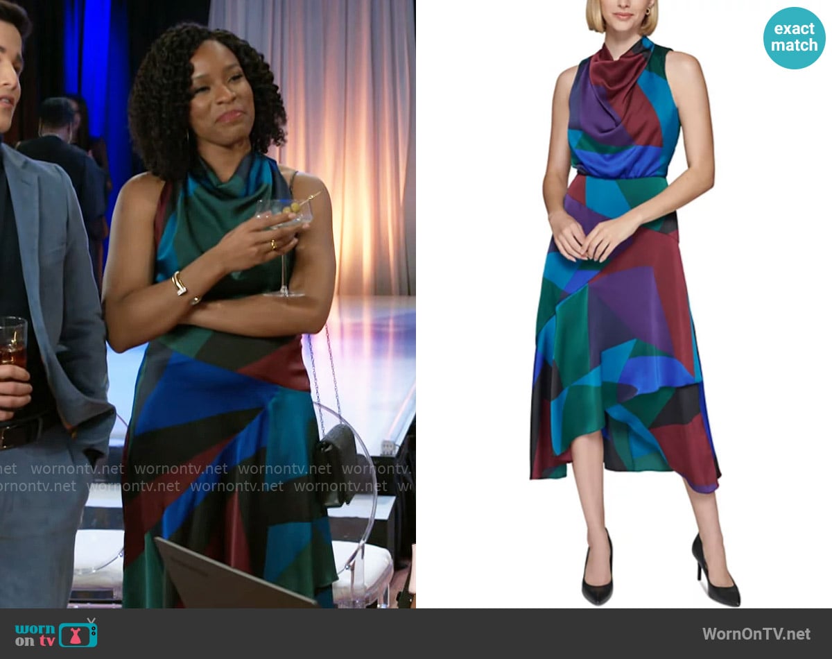 Karl Lagerfeld Paris Cowlneck Geo-Print Dress worn by Naomi Hamilton Hawthorne (Arielle Prepetit) on Beyond the Gates