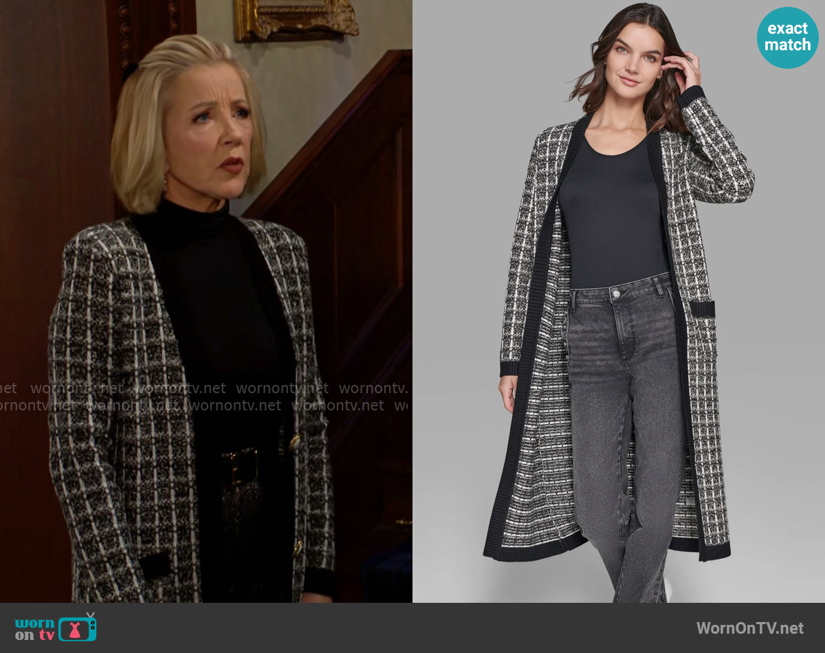Karl Lagerfeld Paris Tweed Duster Cardigan worn by Nikki Reed Newman (Melody Thomas-Scott) on The Young and the Restless